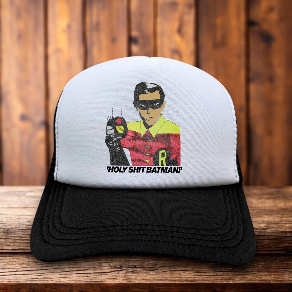 Holy Sh*t Batman! Mens Trucker Hat Black Adam West Burt Ward Robin Batmobile Cap